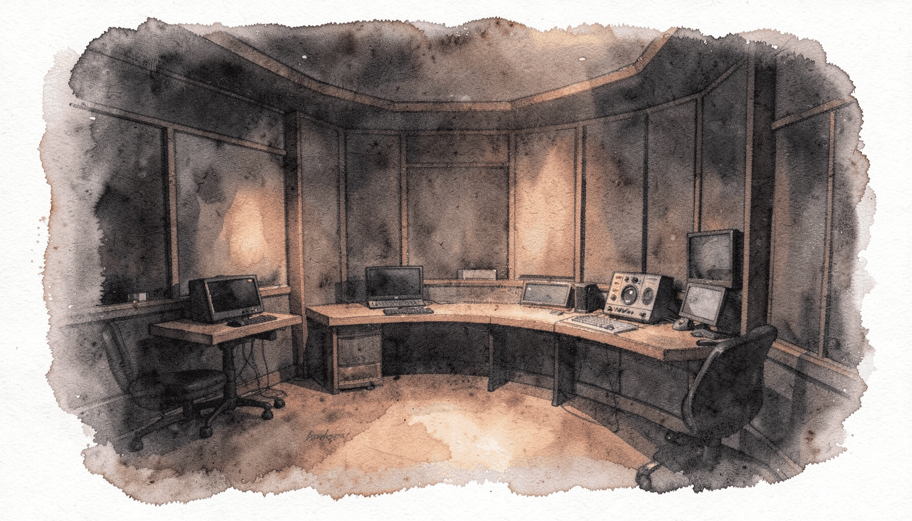 A soft watercolour painting in deep charcoal and muted terracotta, depicting a broadcast studio interior with warm amber light