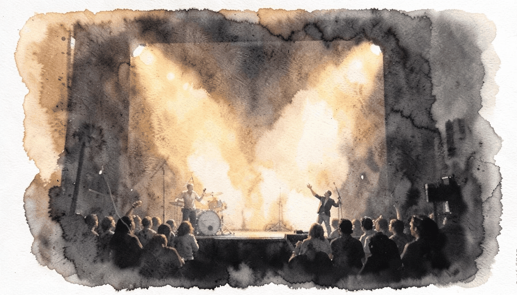 A soft watercolour painting in warm amber and deep charcoal, suggesting a live performance stage with soft glowing light