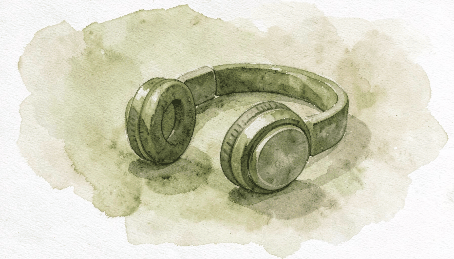 A soft watercolour painting in olive green and sandy beige tones, showing a pair of headphones resting on a textured surface