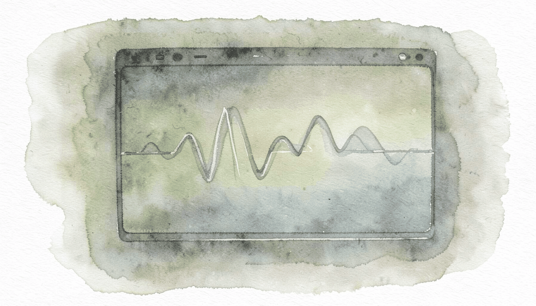 A soft watercolour painting in muted olive and slate tones, depicting a video screen with abstract waveforms and gentle light