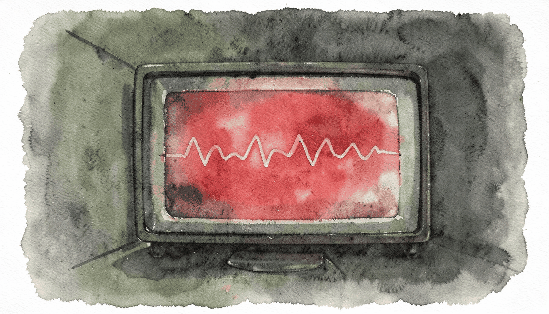 A soft watercolour painting in muted olive and slate tones, depicting a video screen with abstract waveforms and gentle ambient light across a darkened room.