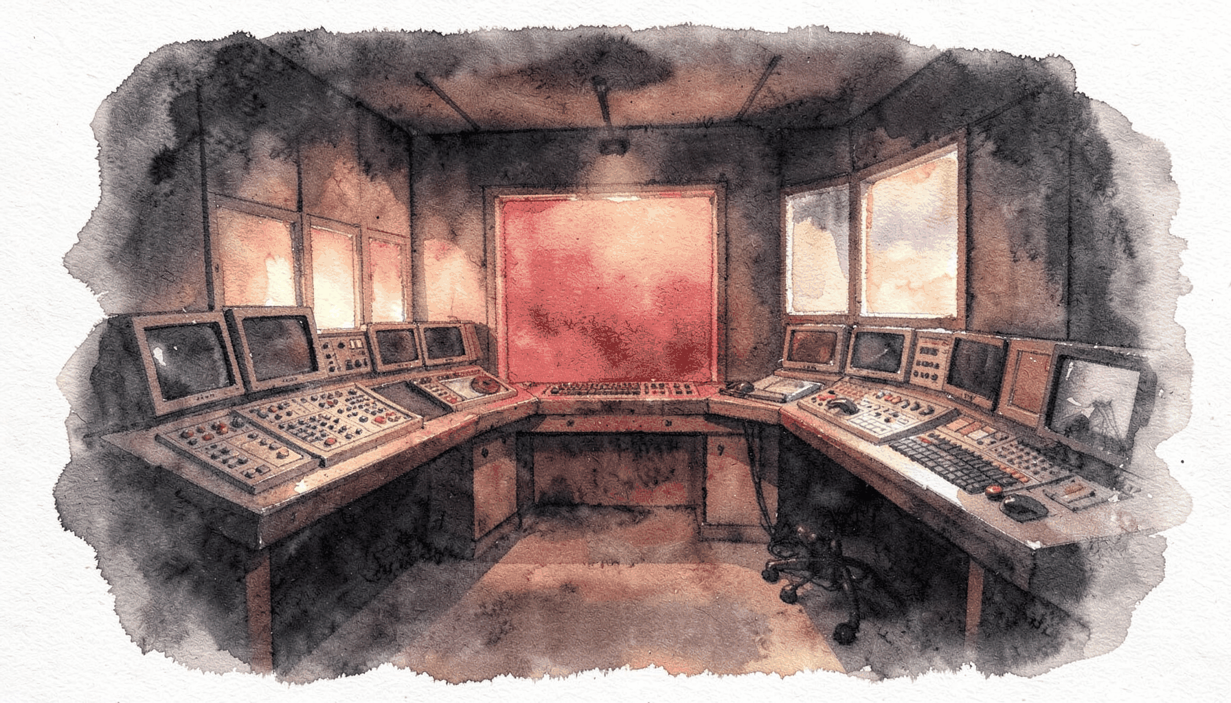 A soft watercolour painting in deep charcoal and muted terracotta, depicting a broadcast studio interior with warm amber light glowing across control panels and monitor screens.