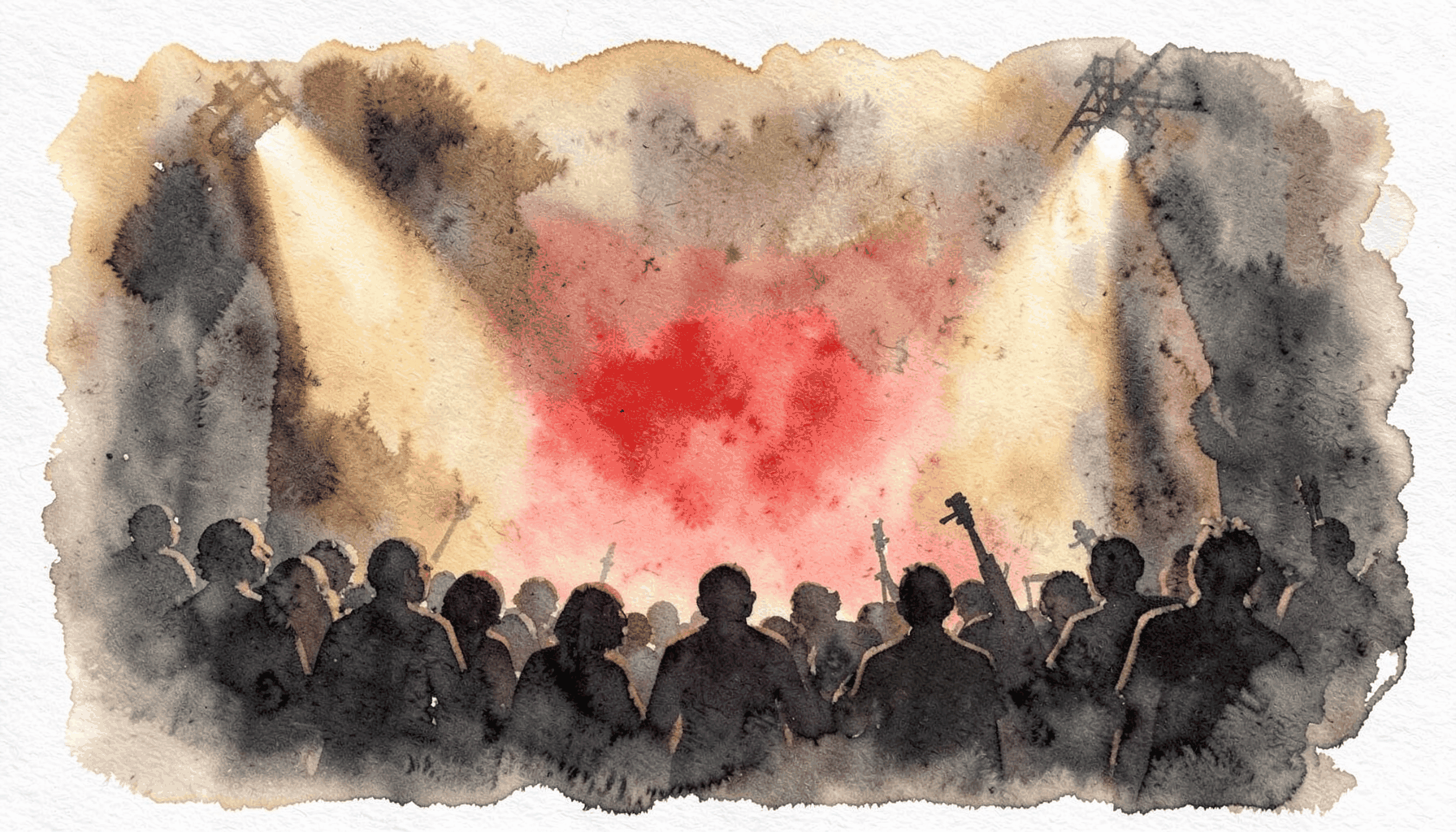 A soft watercolour painting in warm amber and deep charcoal, suggesting a live performance stage with soft glowing light and abstract crowd silhouettes.