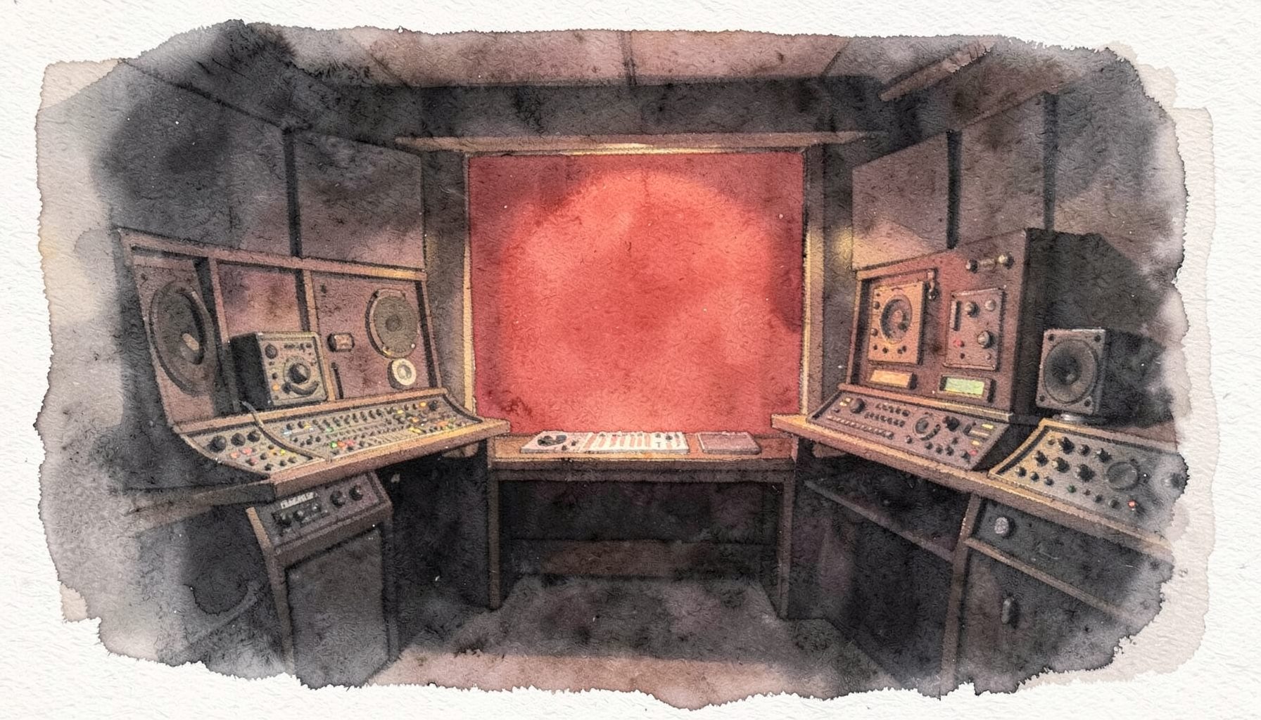 A soft watercolour painting in deep charcoal and muted terracotta, depicting a broadcast studio interior with warm amber light washing across audio equipment and a glowing ON AIR sign