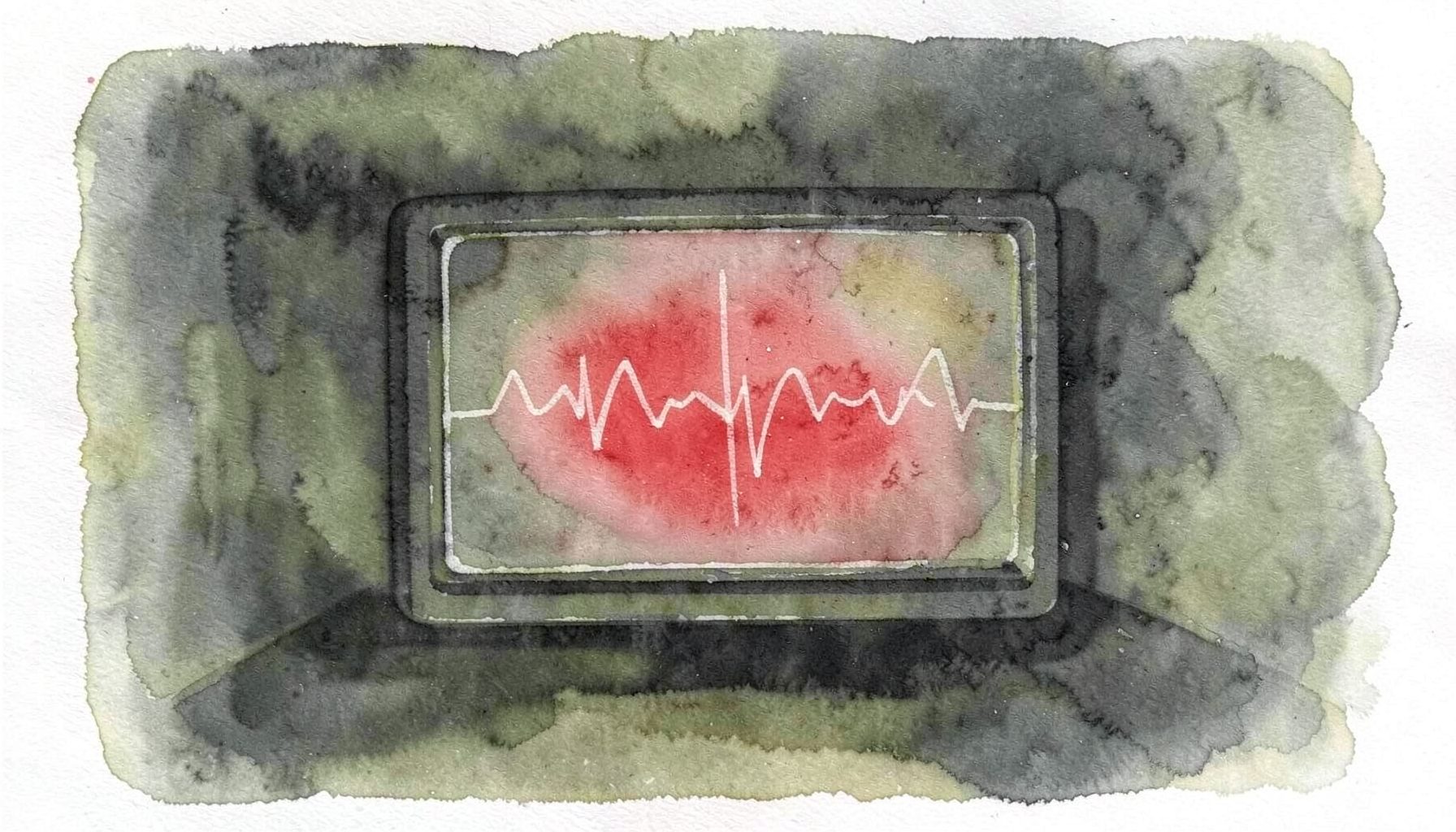 A soft watercolour painting in muted olive and slate tones, depicting a video screen with abstract waveforms and gentle ambient light across a darkened room