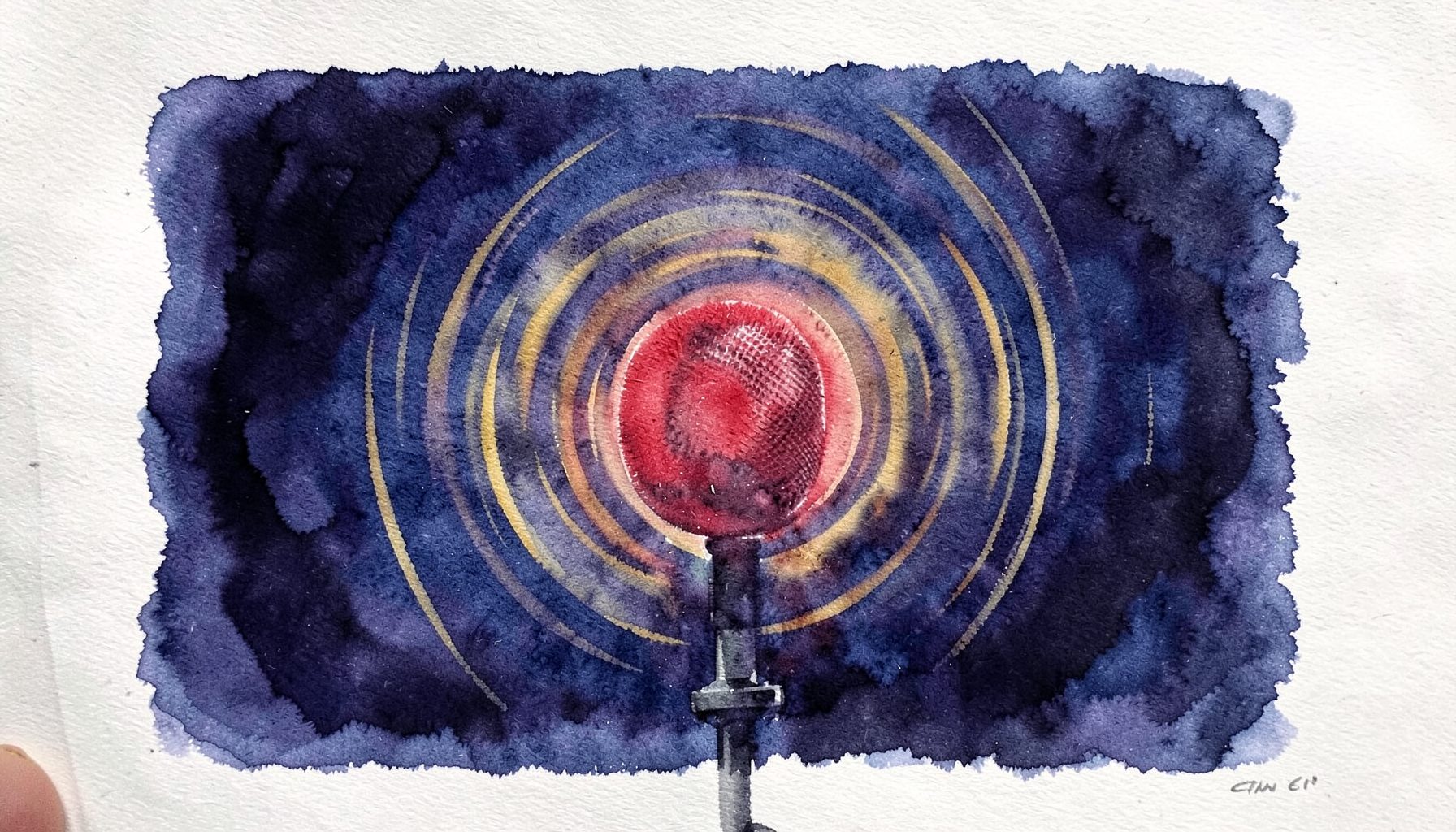 A soft watercolour painting in deep indigo and warm amber tones, suggesting sound waves radiating from a microphone against a dark studio backdrop