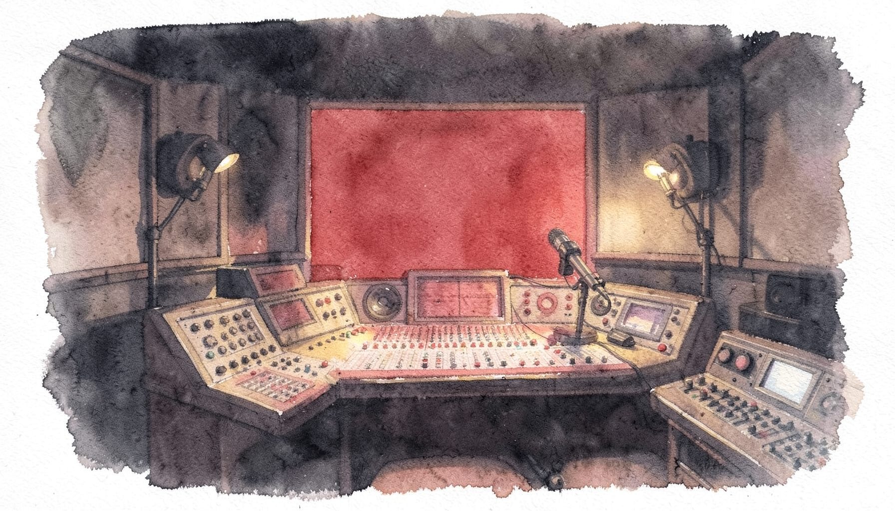 A soft watercolour painting in deep charcoal and muted terracotta, depicting a broadcast studio interior with warm amber light pooling across a mixing desk and microphone