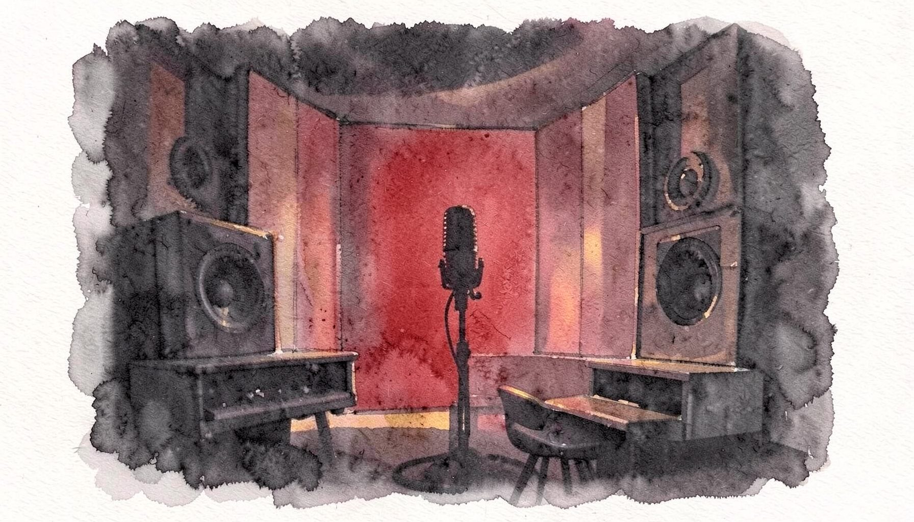 A soft watercolour painting in deep charcoal and muted crimson, suggesting a recording studio with warm amber light spilling across sound panels and a microphone silhouette