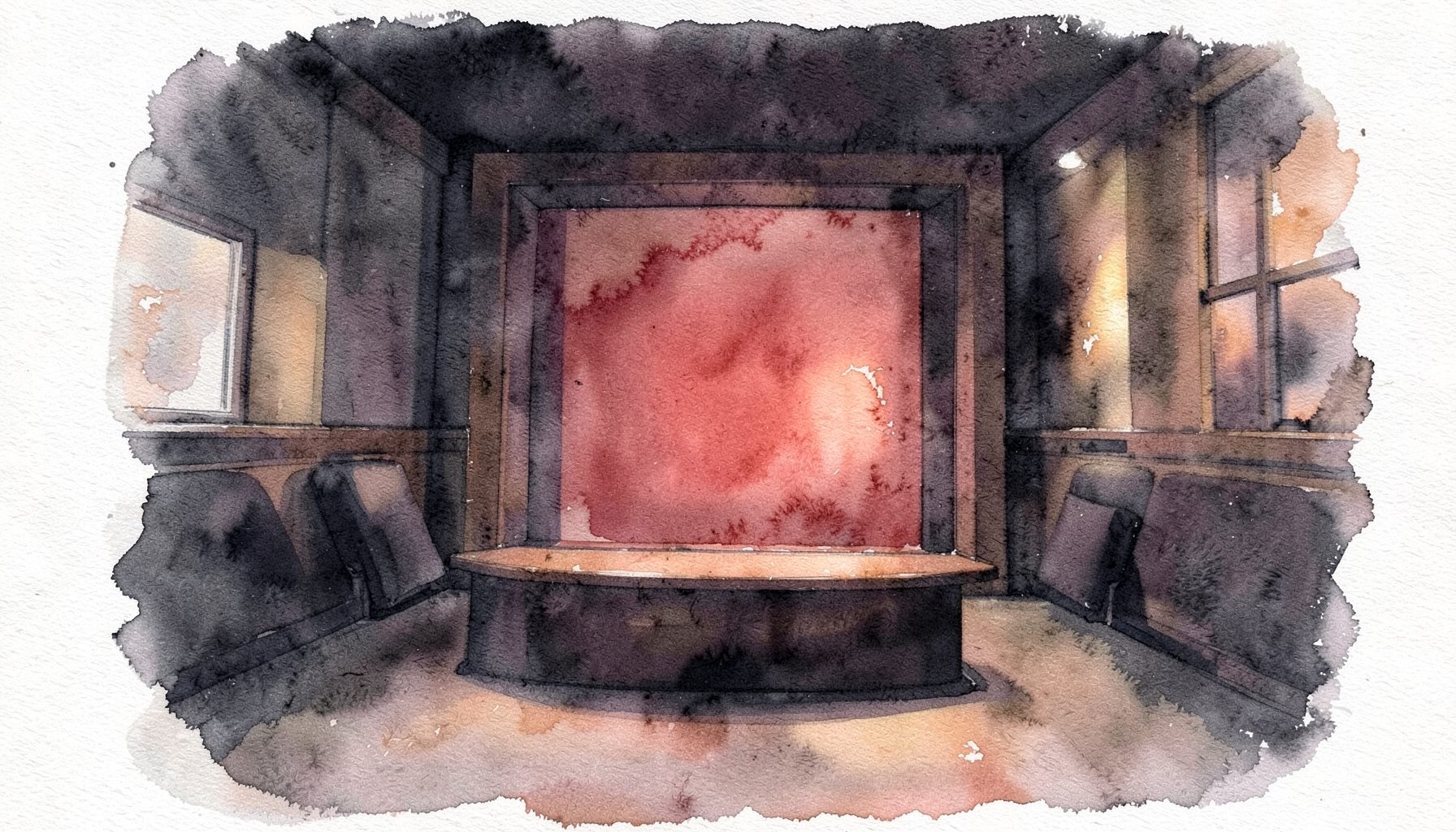 A soft watercolour painting in deep charcoal and muted terracotta, suggesting a broadcast studio interior with warm amber light