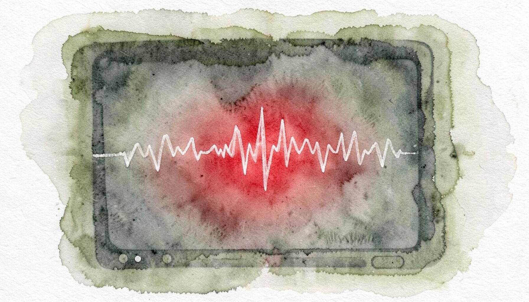 A soft watercolour painting in muted olive and slate tones, depicting a video screen with abstract waveforms and gentle glow
