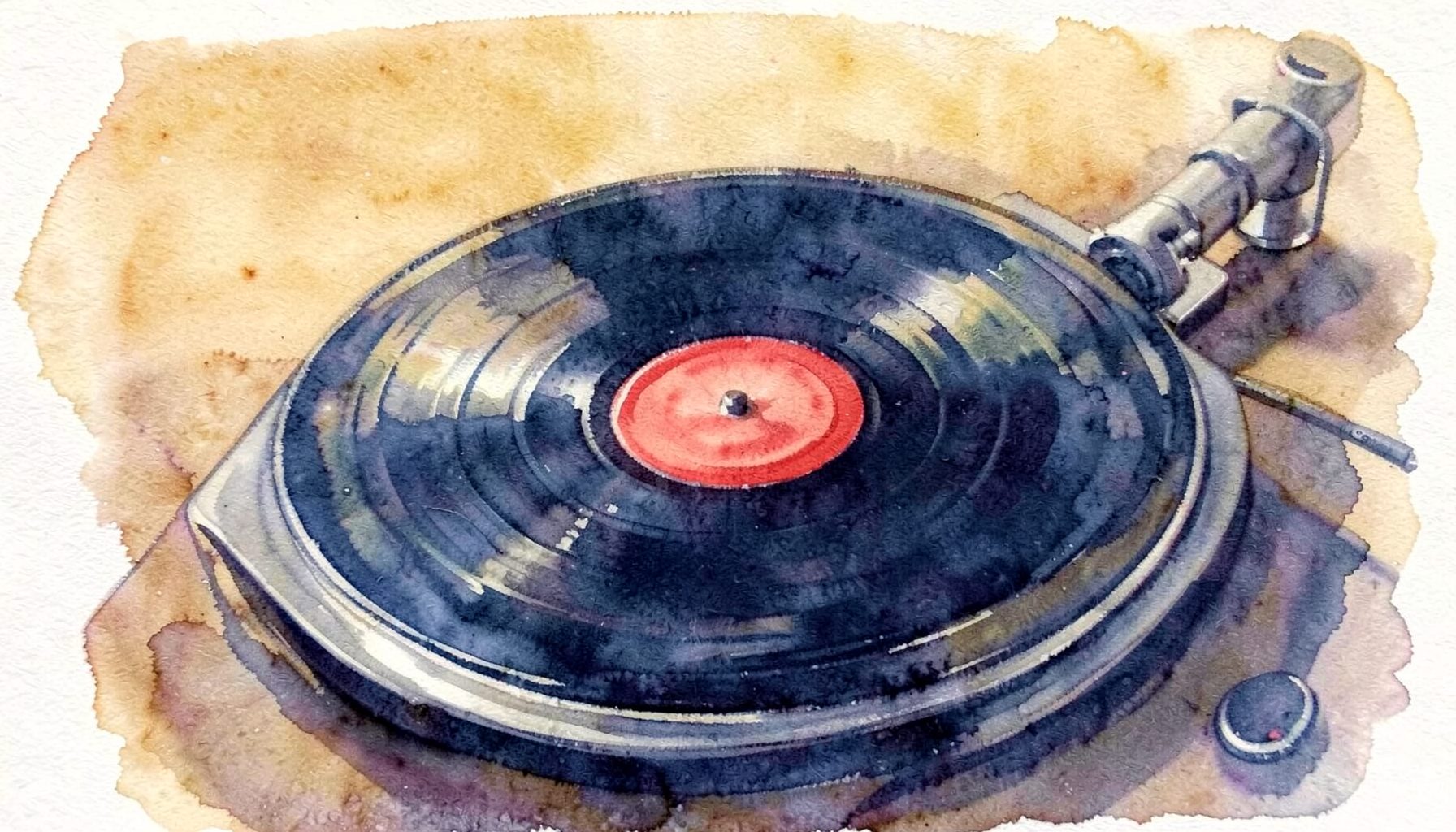 A soft watercolour painting in warm amber and deep indigo, showing a vinyl record spinning on a turntable with subtle light reflections