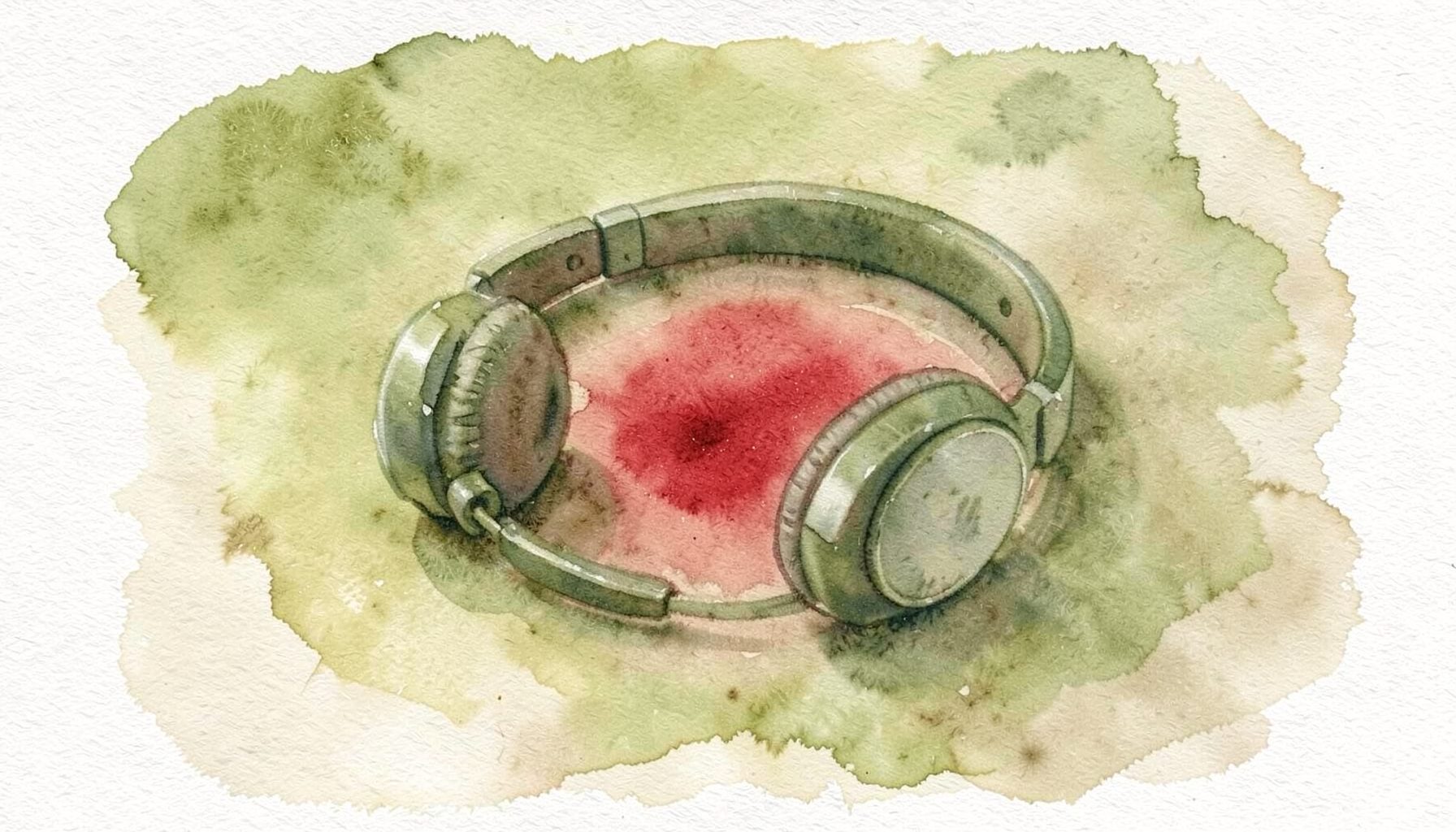 A soft watercolour painting in olive green and sandy beige tones, showing a pair of headphones resting on a textured surface with warm ambient light
