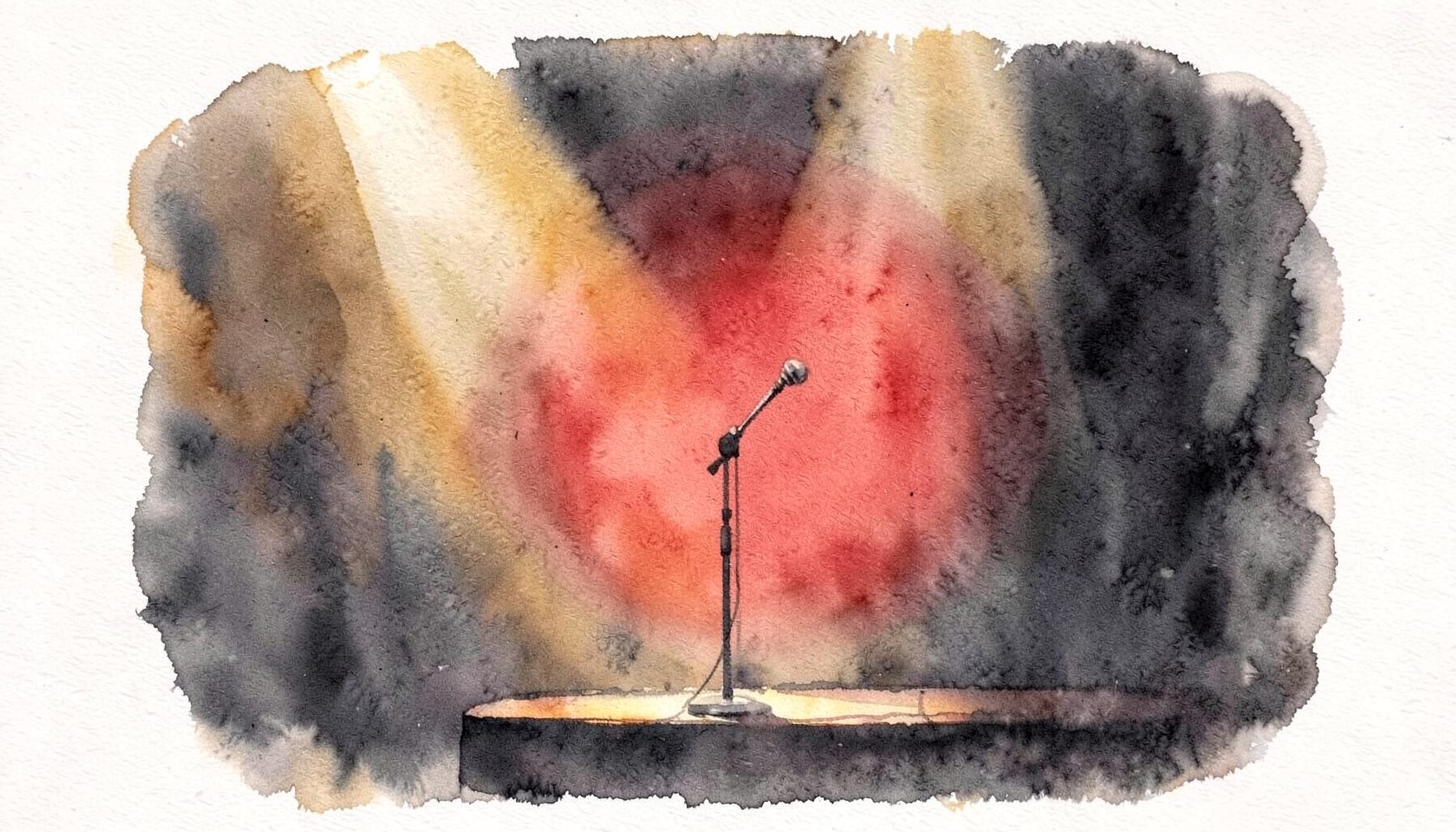 A soft watercolour painting in warm amber and deep charcoal, suggesting a live performance stage with soft glowing light and a microphone stand