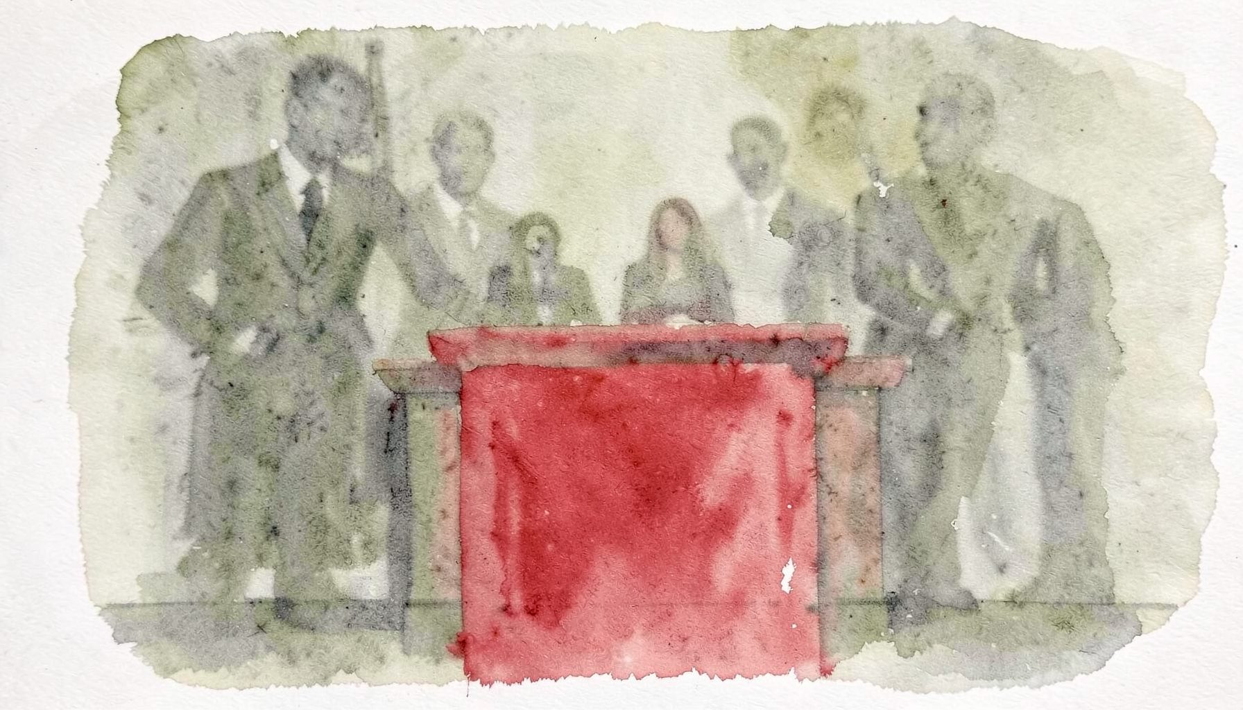 A soft watercolour painting in muted olive and slate tones, suggesting a podium with abstract figures in soft focus, conveying a solemn political atmosphere