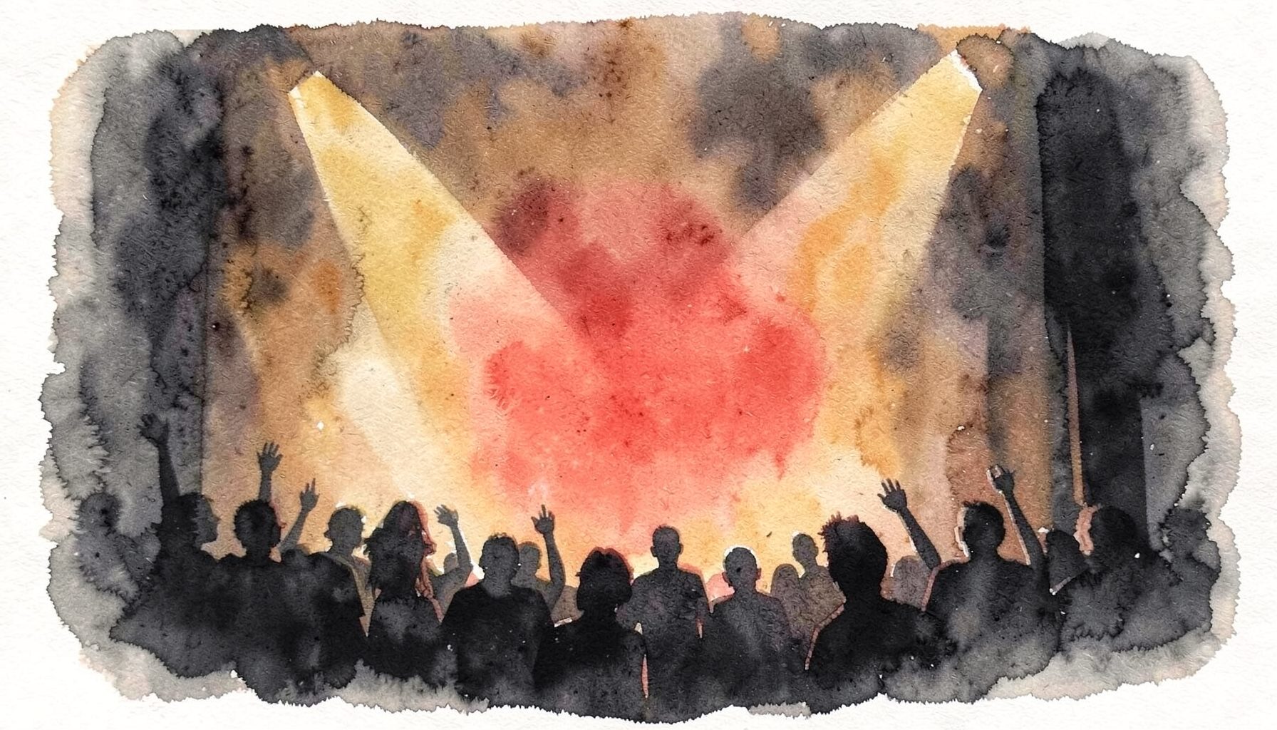 A soft watercolour painting in warm amber and deep charcoal, suggesting a live performance stage with soft glowing light and abstract crowd silhouettes