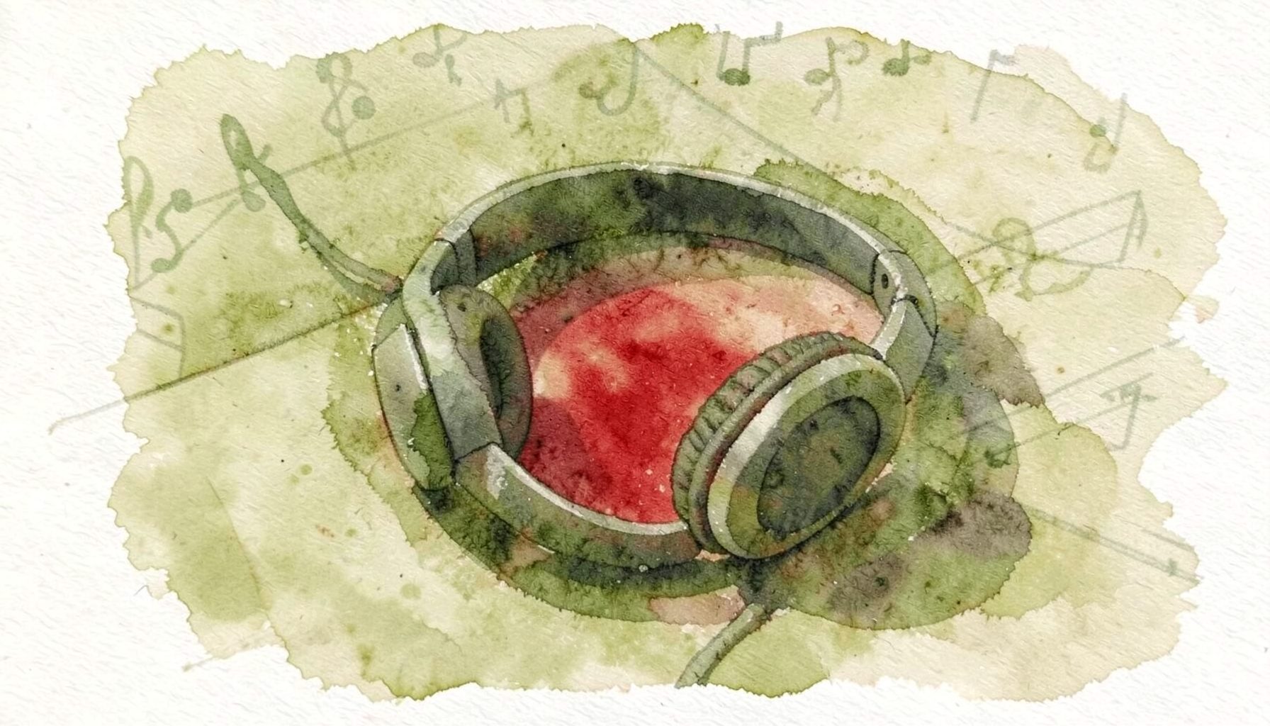 A soft watercolour painting in olive green and sandy beige tones, showing a pair of headphones resting on a textured surface with subtle musical notation in the background