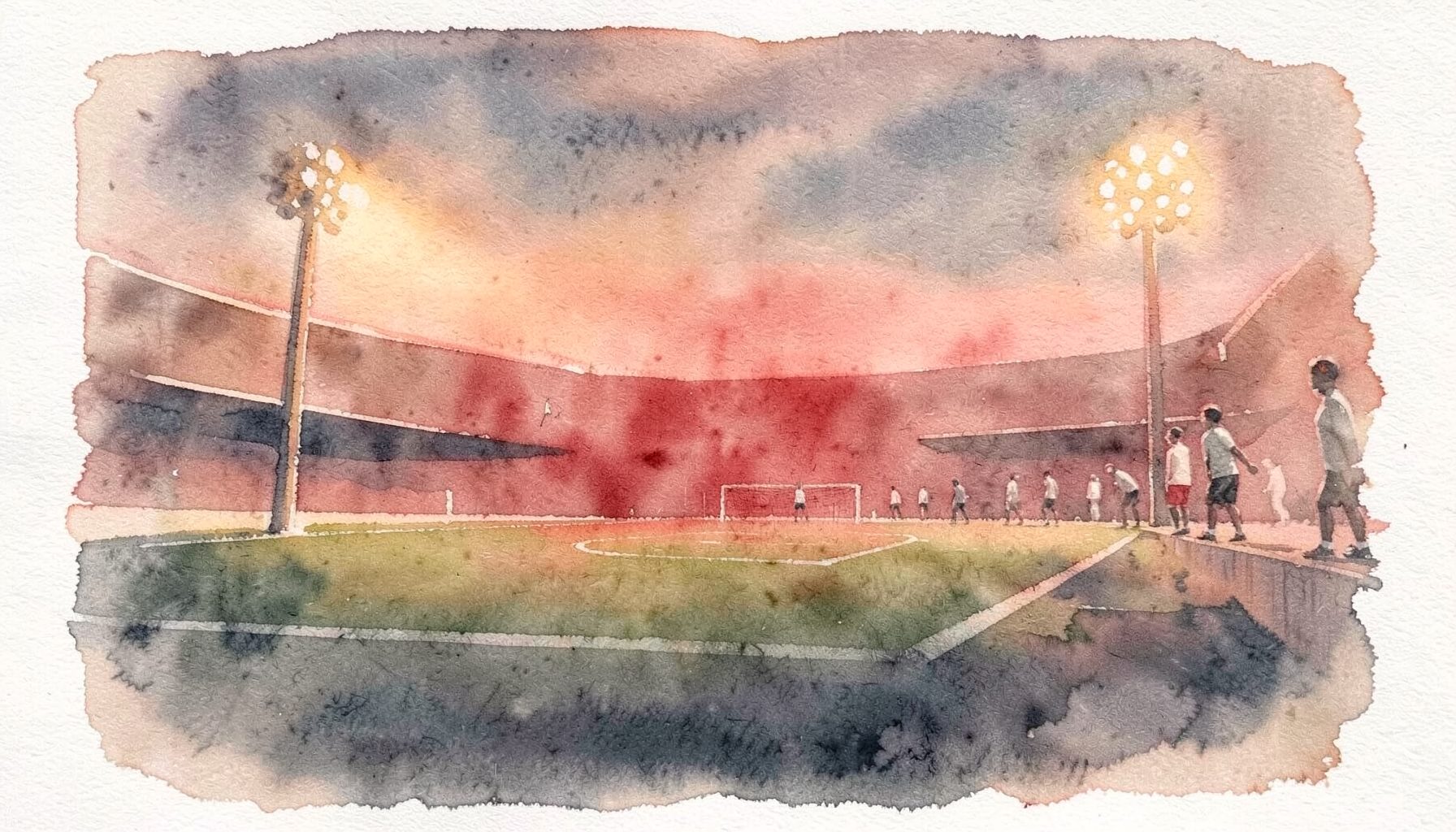 A soft watercolour painting in muted terracotta and slate, depicting a football field at dusk with abstract figures on the sideline under warm stadium lights
