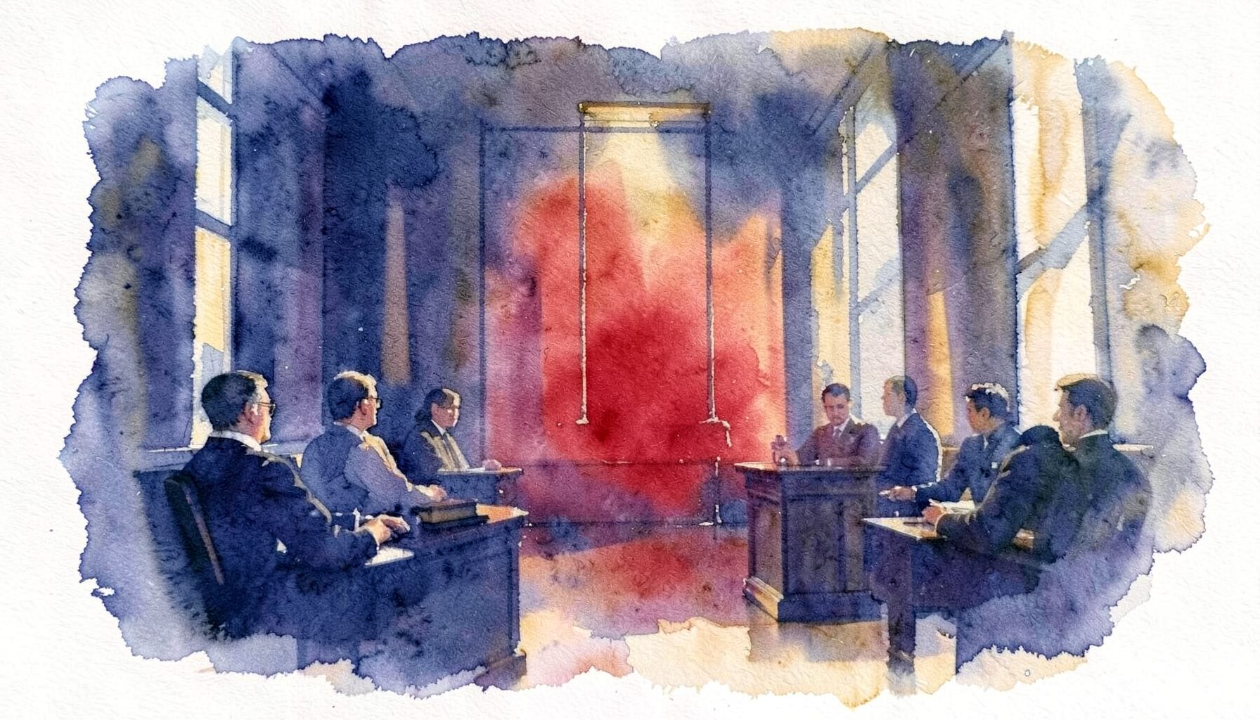 A soft watercolour painting in deep indigo and warm amber, suggesting a courtroom interior with abstract figures and soft light filtering through tall windows