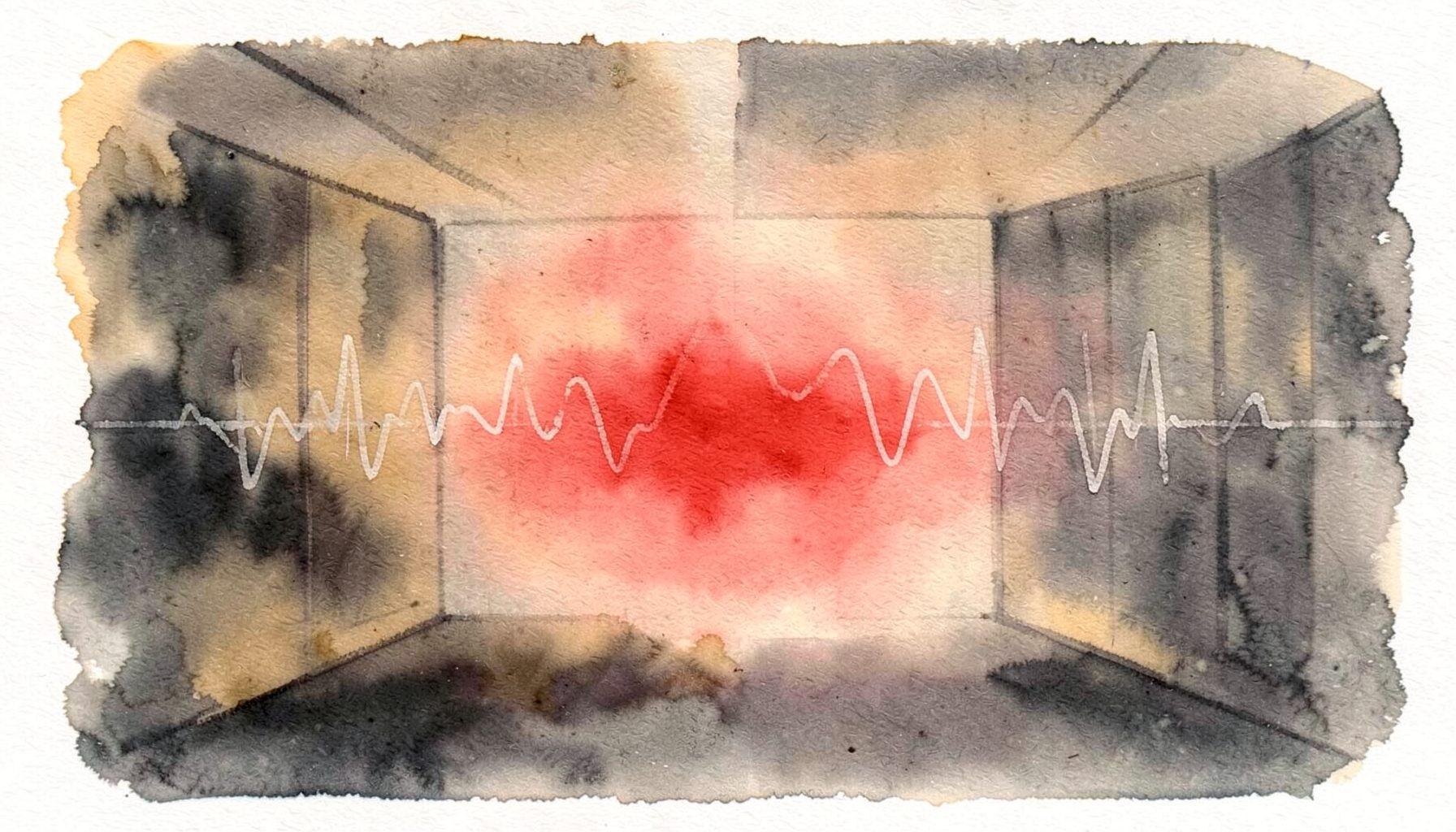 A soft watercolour painting in warm amber and deep charcoal tones, suggesting a broadcast studio with abstract waveforms and gentle light gradients across the canvas