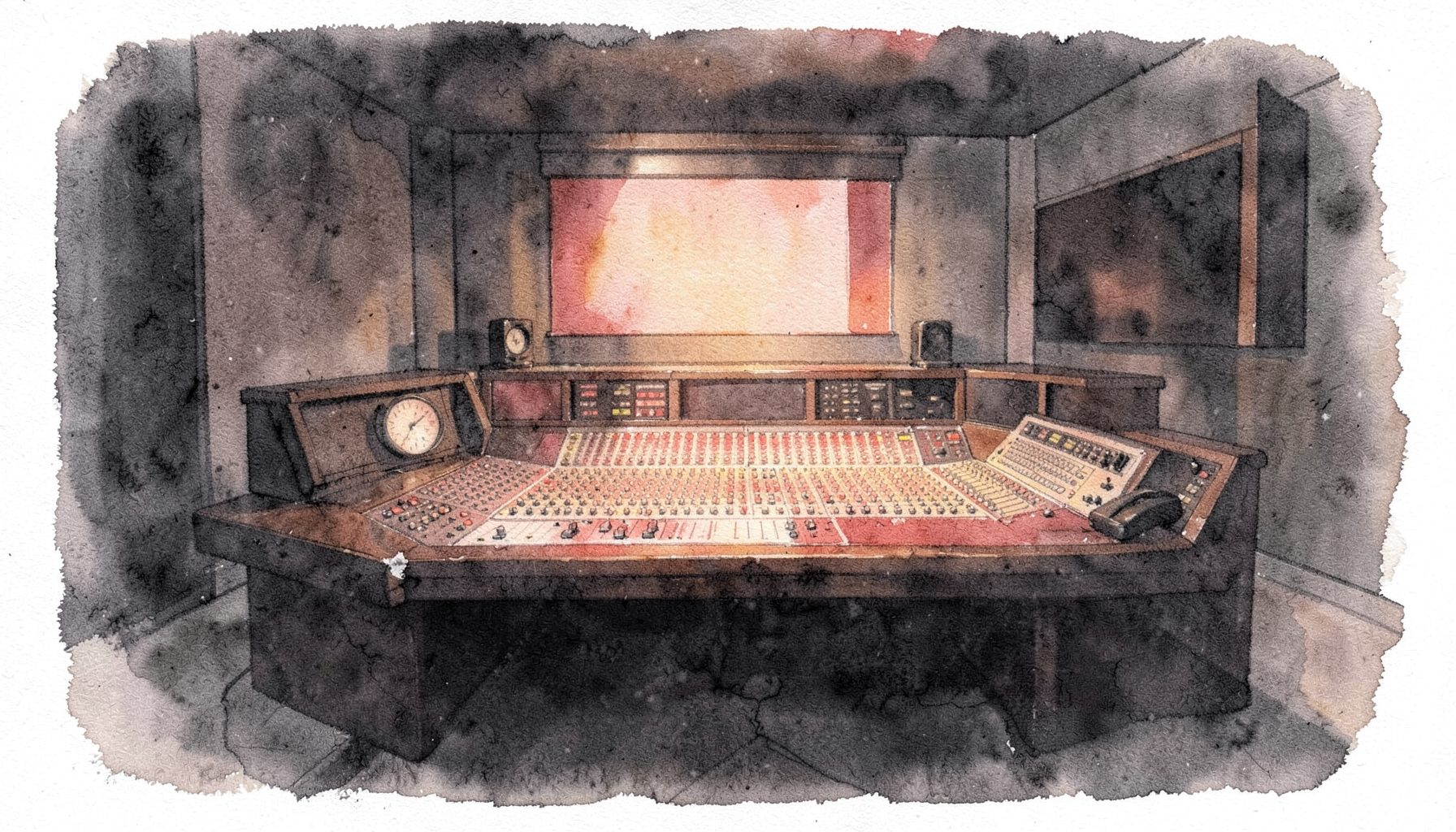 A soft watercolour painting in deep charcoal and muted terracotta, depicting a broadcast studio interior with warm amber light pooling across a mixing desk