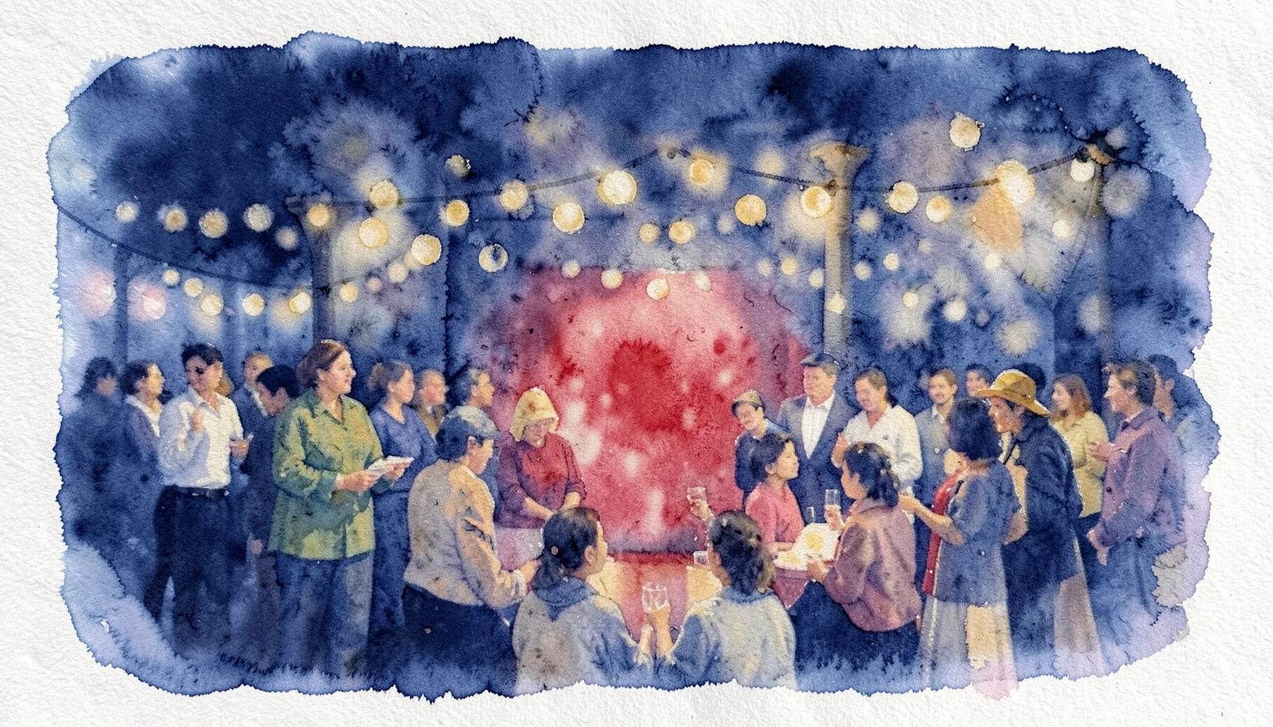 A soft watercolour painting in deep indigo and warm gold, depicting a community gathering space with soft bokeh lights and a sense of collective energy