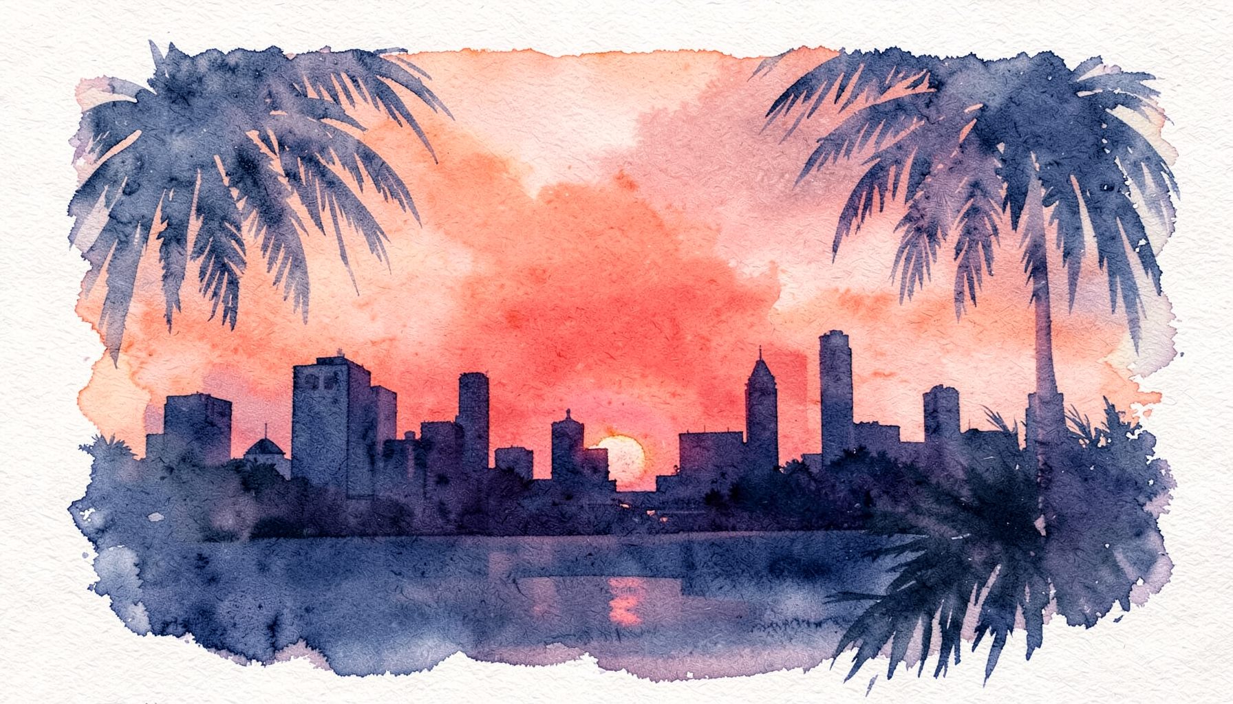 A soft watercolour painting in warm coral and deep navy tones, suggesting Miami skyline silhouettes at dusk with palm fronds framing the edges