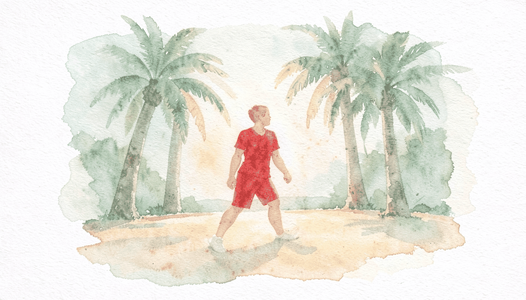 A soft watercolour painting in sage green and warm sand tones, showing a peaceful outdoor fitness scene with palm trees and gentle morning light