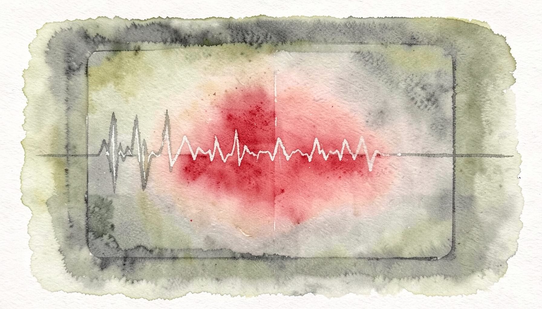 A soft watercolour painting in muted olive and slate tones, depicting a video screen with abstract waveforms and gentle light gradients