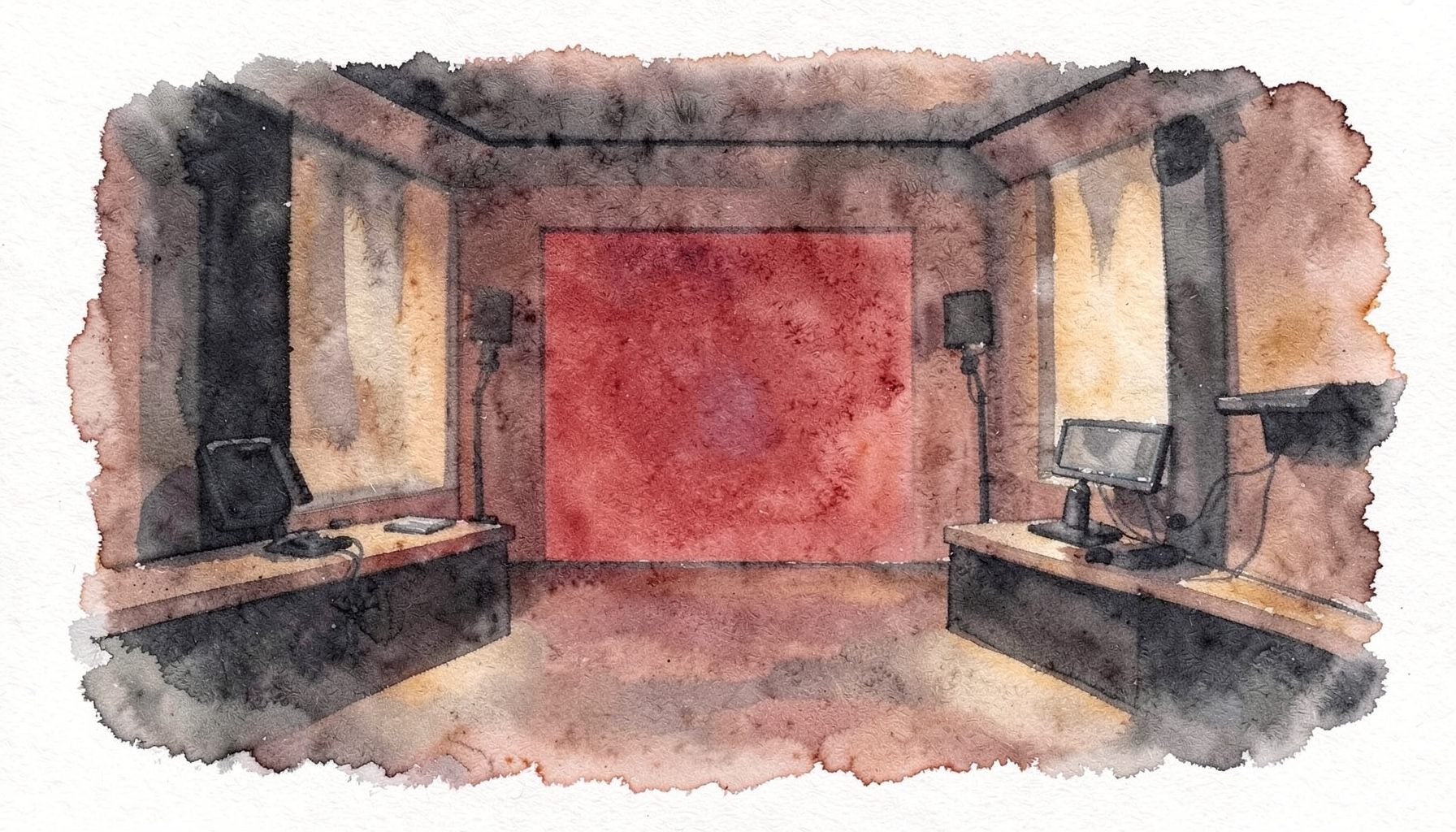 A soft watercolour painting in deep charcoal and muted terracotta, with warm amber tones suggesting a broadcast studio interior